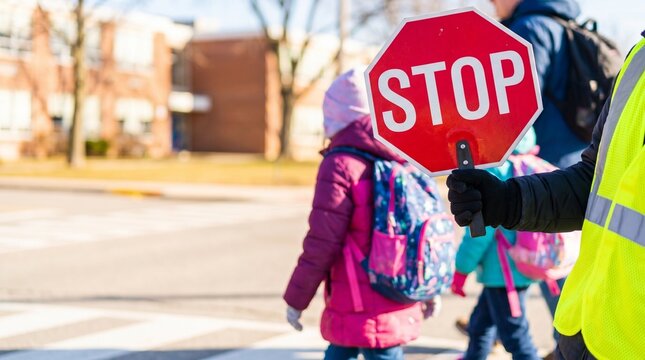 School Crossing Guard Holding Stop Sign Helping Elementary Students Cross Street Safely Near School Building During Morning Commute
