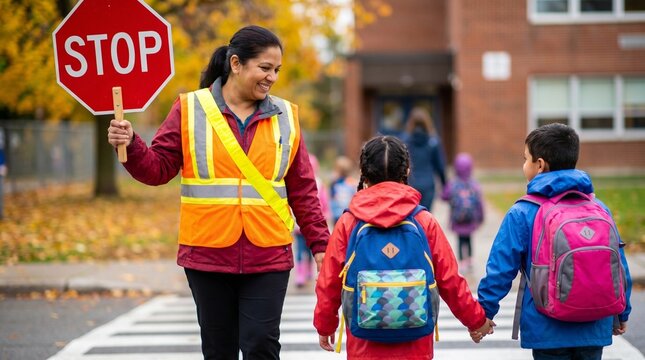 Friendly female school crossing guard helping young diverse children cross the street safely near elementary school building, concept of community safety and education