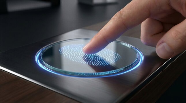 Close up of finger on circular glass biometric fingerprint scanner
