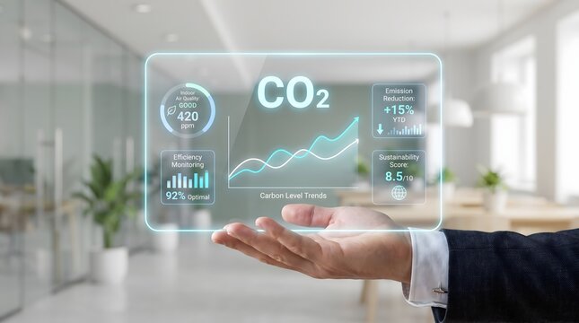 Man's hand displaying CO2 monitoring with air quality and sustainability data