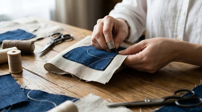 Hands sewing indigo denim and beige linen on rustic wooden table