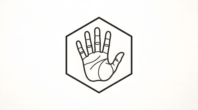 Outlined hand icon in hexagon. Minimal vector symbol for gesture, safety, and stop warning.
