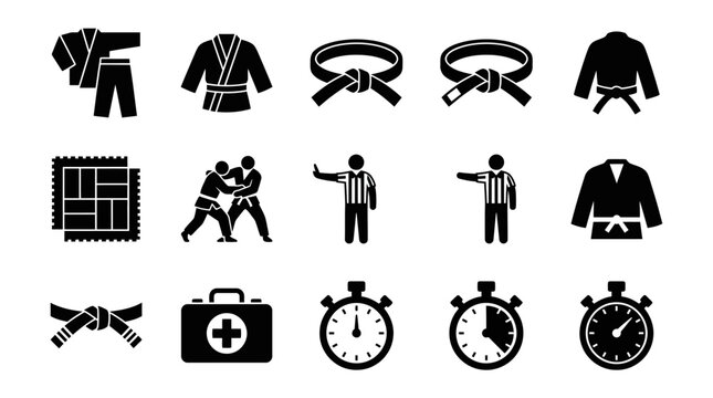 Martial arts karate and judo training equipment icons.