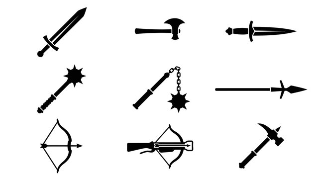 Medieval fantasy weapons and armory black silhouette icons.