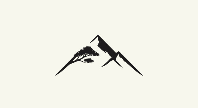 Minimalist mountain peak logo with pine tree silhouette