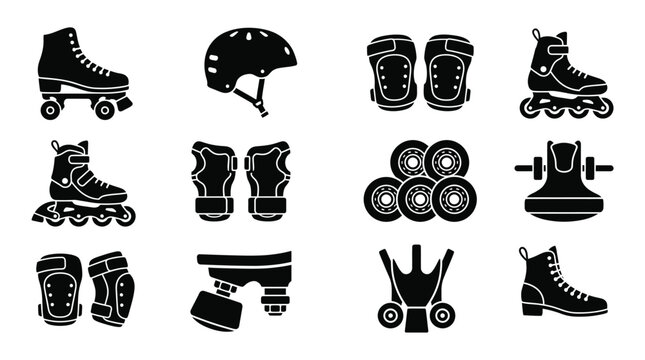 Roller skating and inline skate equipment icons collection.