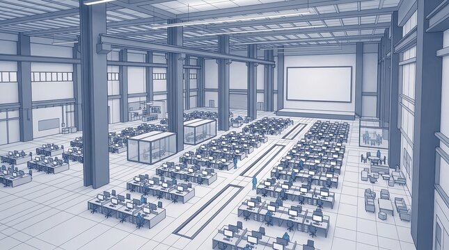 3D architectural blueprint of a trading floor. Minimalist office interior design concept.