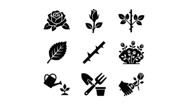 Gardening tools and flowers icons set.