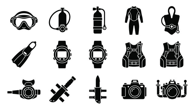 Scuba diving equipment icons set in black silhouette