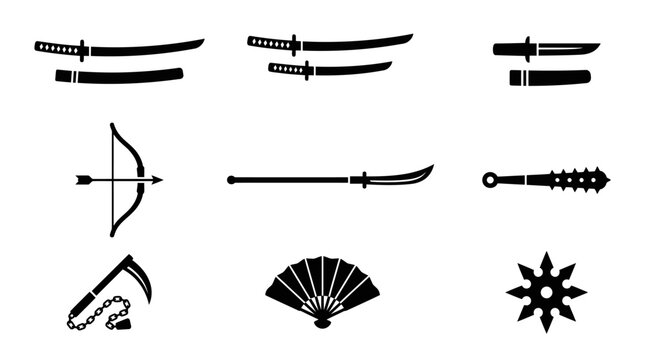 Traditional Japanese samurai weapons and martial arts icon set