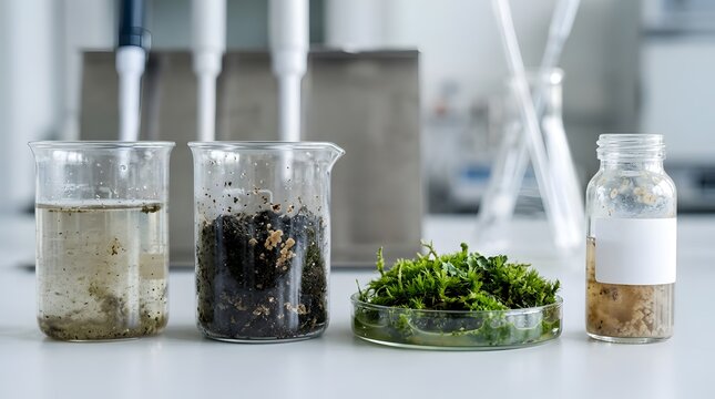 Scientific experiment with moss samples in laboratory beakers