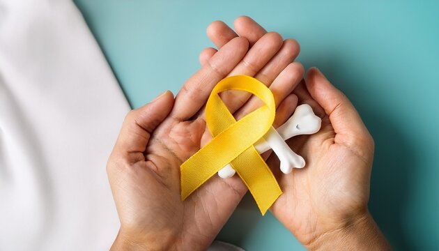 yellow ribbon and bone held by hands emphasizing awareness for soft tissue sarcoma and osteosarcoma in july