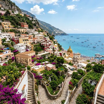 Positano village on Amalfi Coast, Italy - colorful houses cascading down cliff to sea