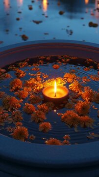 Candle floating on water surrounded by orange flowers in a decorative bowl.