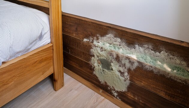 mold grows near the corner of a bed and wall in a bedroom with a wooden bed frame and white sheets