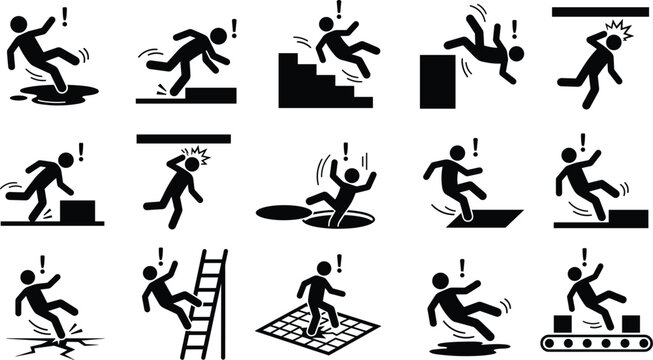 Workplace Accident and Hazard Stick Figure Icon Set with Slip, Trip, Fall from Ladder, Head Bump, and Factory Danger Warning Symbols Vector