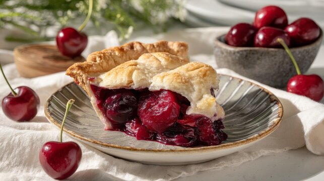Freshly Baked Cherry Pie Slices with Juicy Cherries and Crust