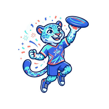 Cartoon leopard mascot playing ultimate frisbee with confetti background