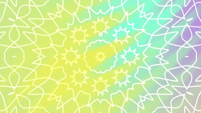 White geometric mandala overlay pattern on bright yellow cyan soft colorful pastel background. Suitable for digital backgrounds, graphic design projects, and print materials.