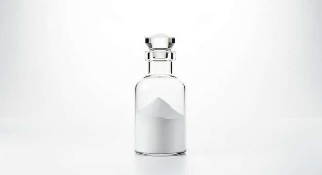 Clear Glass Bottle Filled with White Powder on White Background.