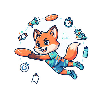 Cartoon fox playing ultimate frisbee with sports icons isolated on black