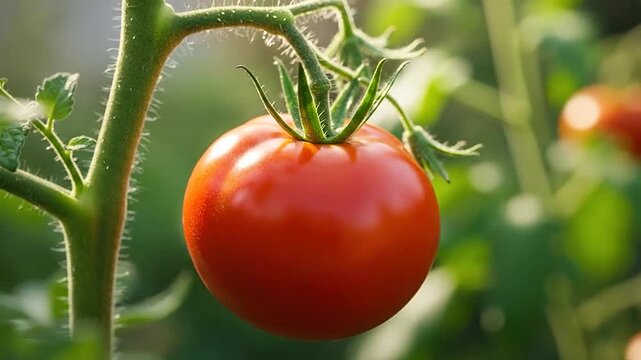 A single ripe red tomato hangs from a green vine in a garden