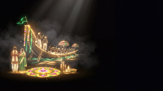 Onam festival banner with traditional Kerala snake boat vallamkali, couple, pookalam flower carpet and oil lamp illuminated under spotlight with copy space on dark background
