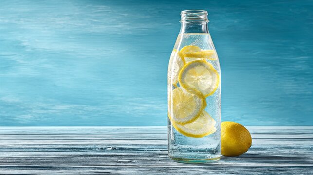Refreshing Lemon Water in Glass Bottle on Wooden Table