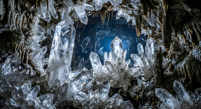 a gigantic underground crystal cavern filled with enormous transparent quartz crystals emerging from the cave floor and walls