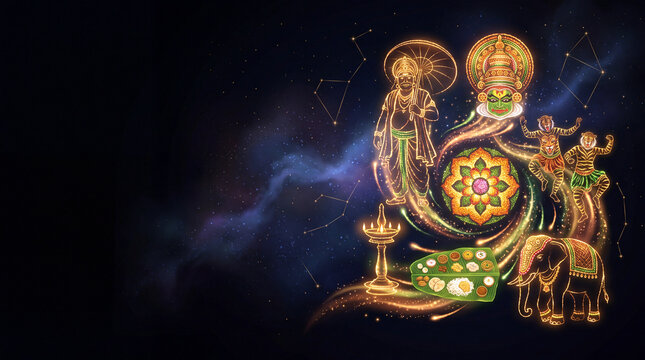 Onam festival banner with glowing golden King Mahabali, Kathakali, Pulikali tiger dancers, elephant, sadya, and pookalam in magical swirl with copy space on dark background