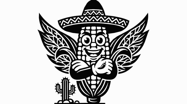 Playful Mexican corn mascot wearing a sombrero next to a cactus, creative vector logo for a traditional theme restaurant brand