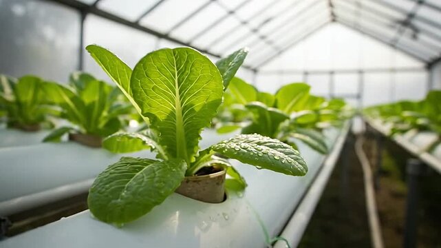 Fresh green lettuce grows inside a modern hydroponic greenhouse facility