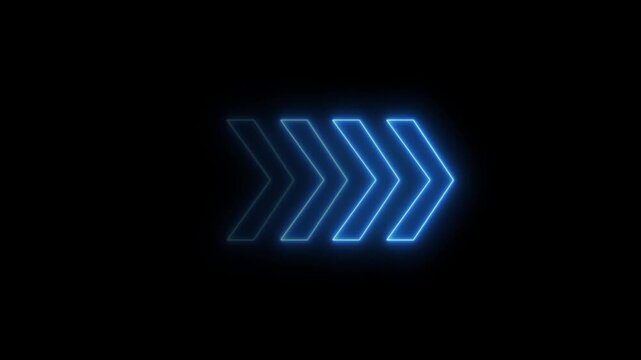 Neon arrow loading icon animation.Glowing neon light arrows sign right to left animation concept, rendering left arrow on black background, Arrow loading icon isolated, rising animation, .4k