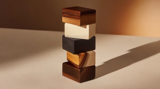 Stacked Wooden Blocks on Neutral Surface with Soft Light and Shadows