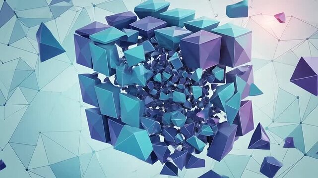 A digital cube disintegrates into small geometric fragments against a light blue network background