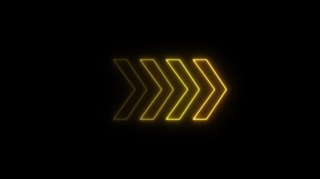 Neon arrow loading icon animation.Glowing neon light arrows sign right to left animation concept, rendering left arrow on black background, Arrow loading icon isolated, rising animation.4k