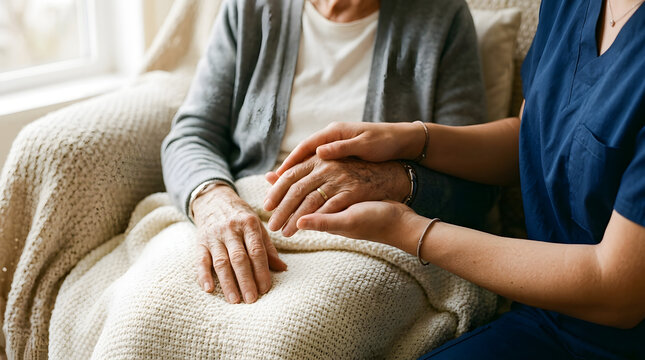 Nurse holding elderly woman's hands, caregiving and compassion, senior home care concept