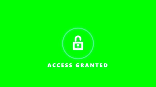 Unlocked padlock icon with access granted text animation on green background