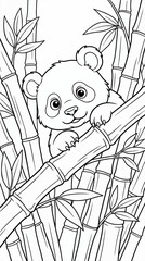 Cute Panda Cub Peeking Over Bamboo Stalks, Black and White Line Art Illustration for Coloring, Simple Flat Design © Albilais