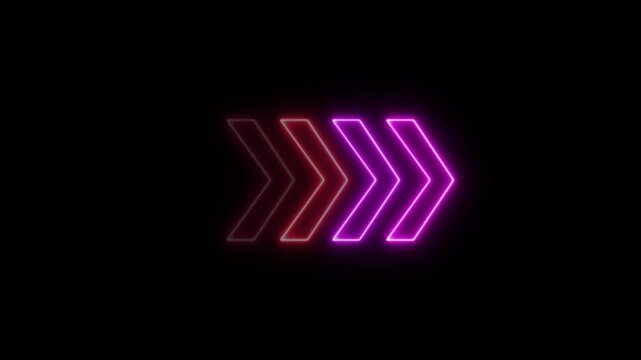 Neon arrow loading icon animation.Glowing neon light arrows sign right to left animation concept, rendering left arrow on black background, Arrow loading icon isolated, rising animation.4k
