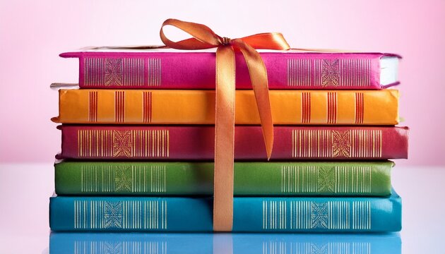 colorful hardcover books tied with ribbon stack