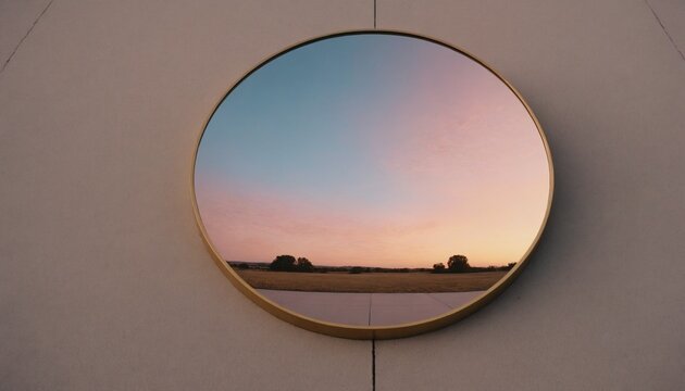 Modern minimalist round gold mirror placed on a concrete surface reflecting a beautiful pastel twilight sky.