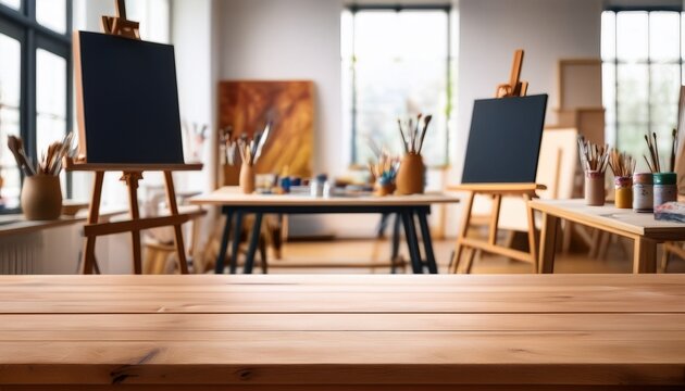 art studio interior empty wooden table foreground blurred artist workshop background painting easels natural light