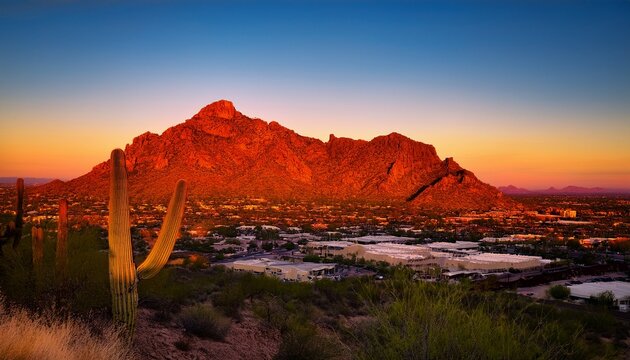scottsdale majestic stunning late evening sun casts a warm reddish glow on the majestic camelback mountain in phoenix scottsdale arizona providing a stunning forced perspective view