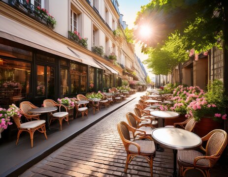a serene parisian cafe with outdoor seating and lush flowers under soft natural light