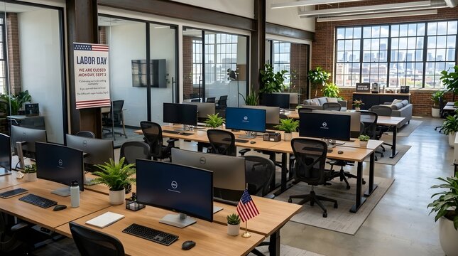 Modern Open Plan Office Workspace Interior with Labor Day Holiday Poster Art