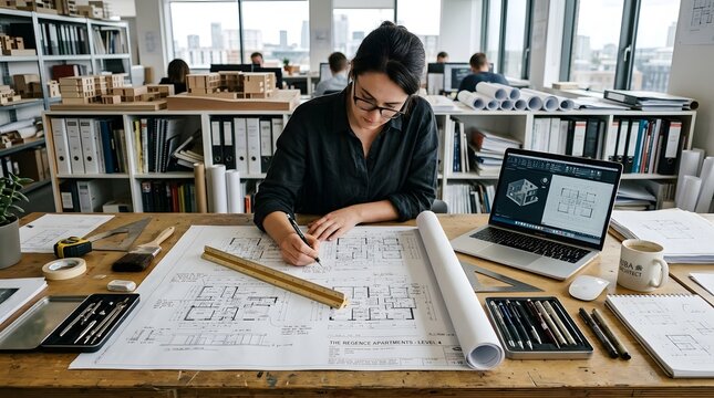Female architect working hard on blueprints on Labor Day in modern office