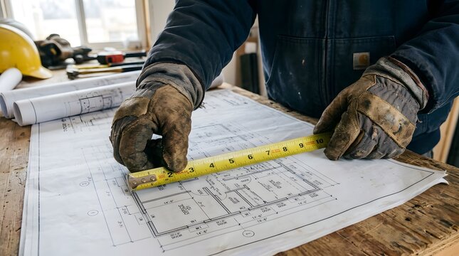 Construction worker measuring blueprint for a Labor Day building project