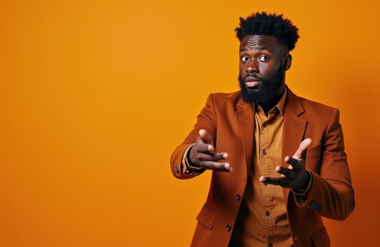 Young african american man with beard gestures palms out, looking confused and uncertain. He asks a question or expresses doubt. Standing against a solid orange background, studio shot.
