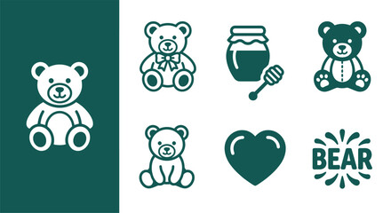 Minimalist dark teal teddy bear icon set including bear cub with bow, honey jar and dipper, heart shape, and BEAR text logo on white background. Clean flat vector graphics for screen printing. © Latifatul